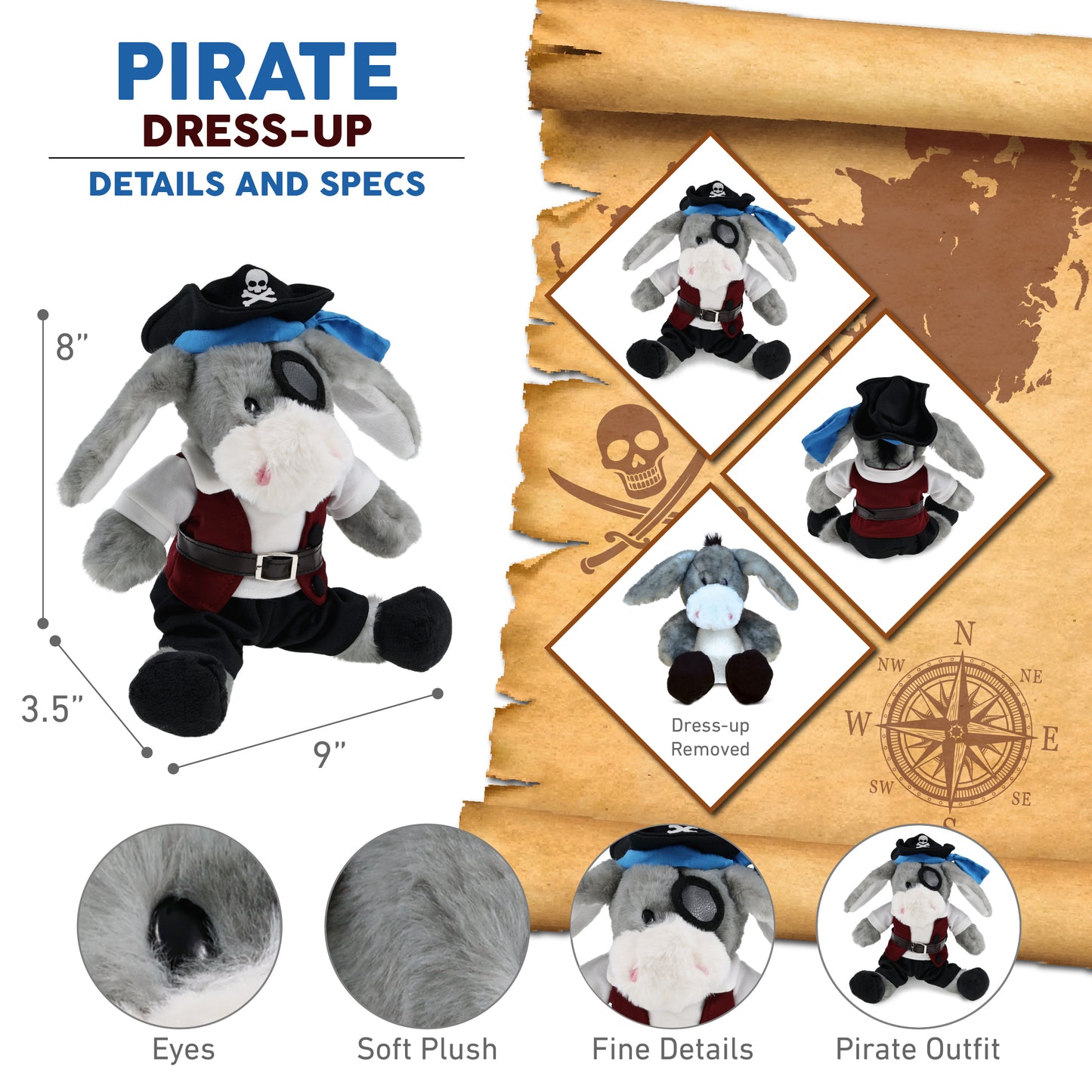 SUPER SOFT PLUSH - SITTING GREY DONKEY PIRATE DRESS UP