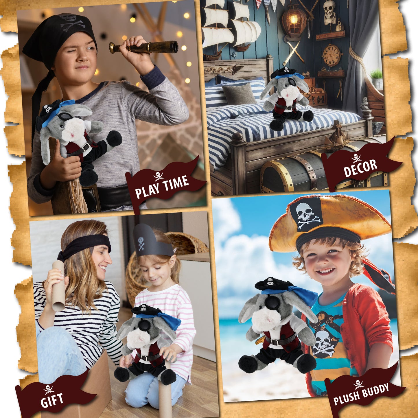 SUPER SOFT PLUSH - SITTING GREY DONKEY PIRATE DRESS UP