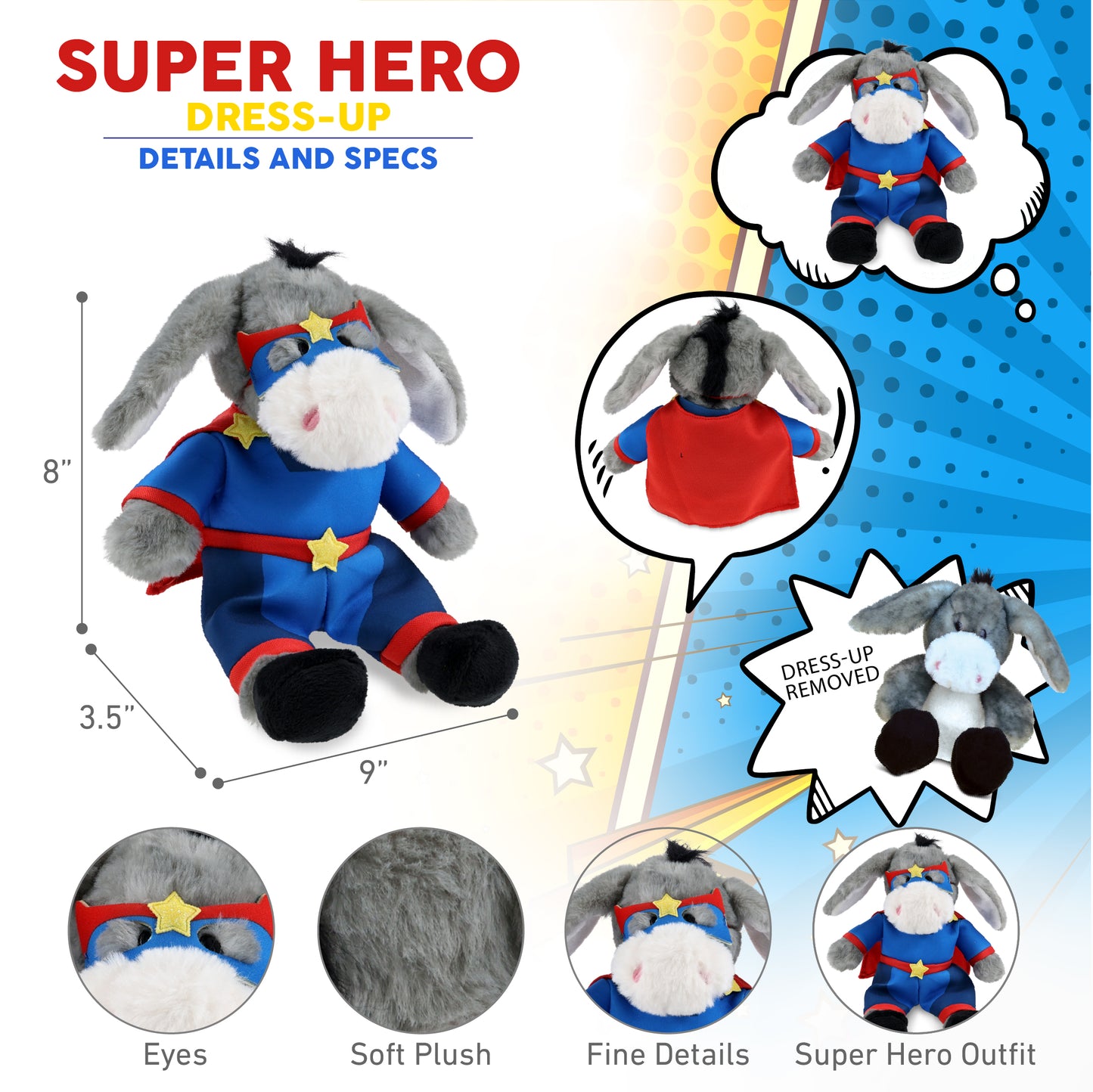 SUPER SOFT PLUSH - SITTING GREY DONKEY SUPER HERO