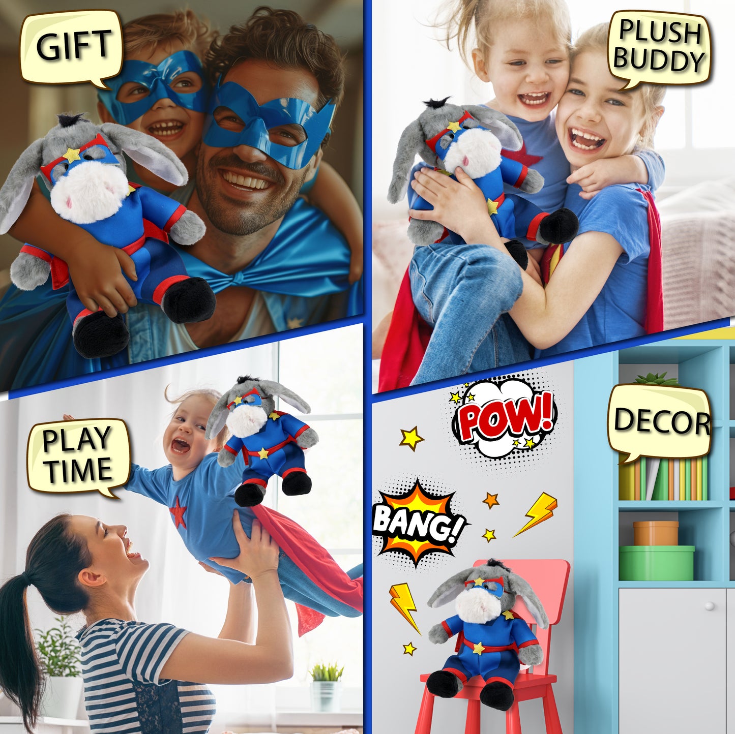 SUPER SOFT PLUSH - SITTING GREY DONKEY SUPER HERO