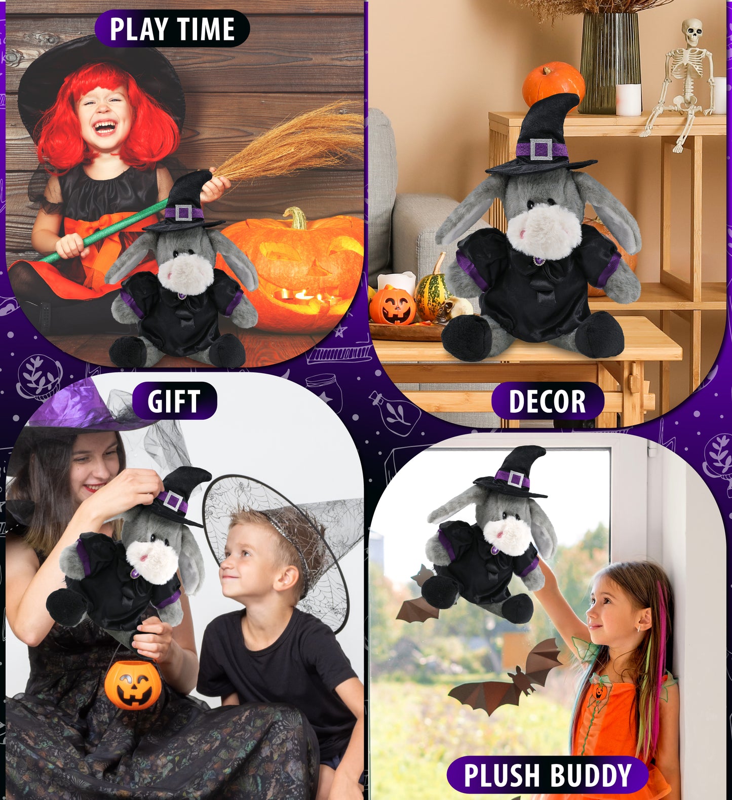 SUPER SOFT PLUSH - SITTING GREY DONKEY WITCH DRESS UP