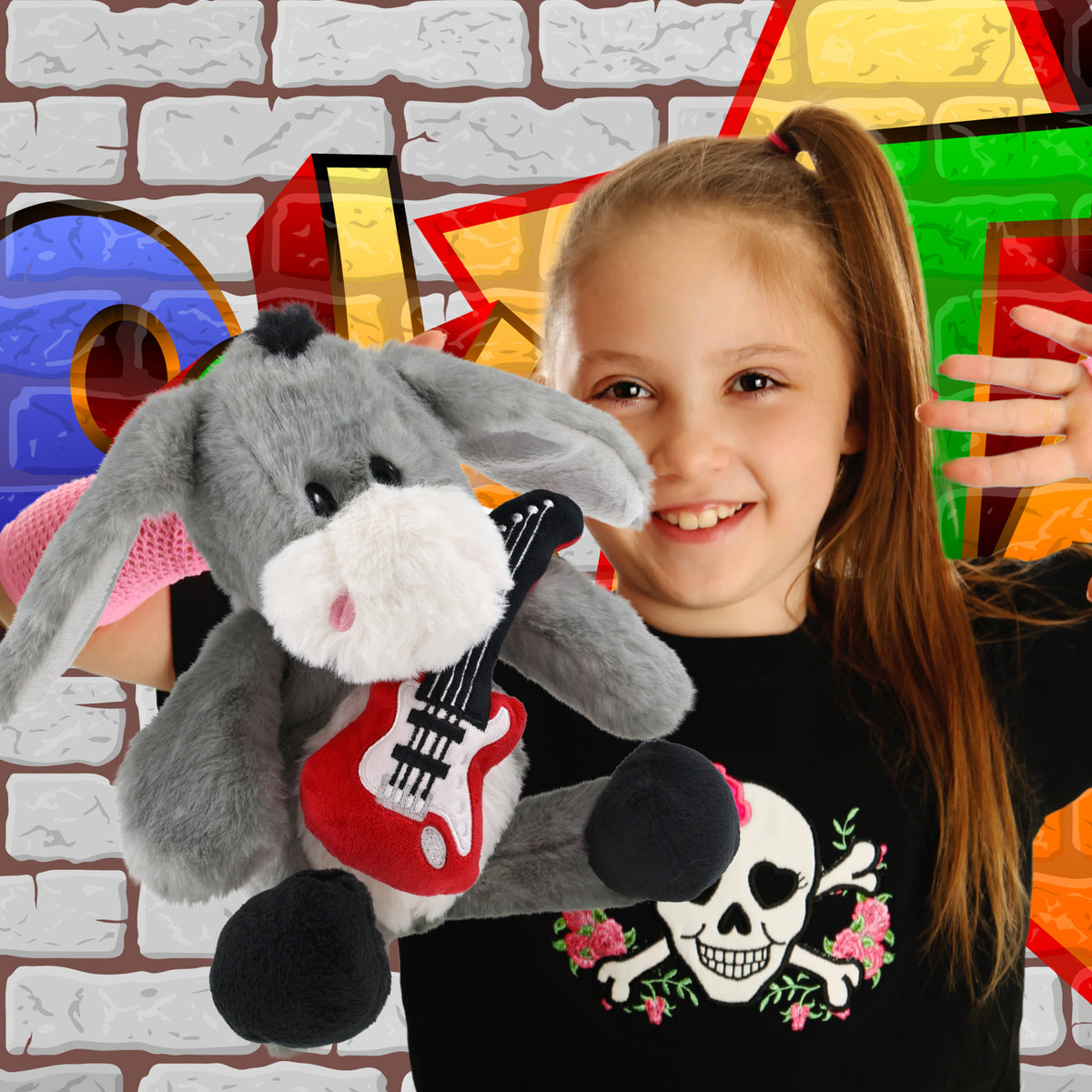 SUPER SOFT PLUSH - SITTING GREY DONKEY WITH GUITAR ADD ON
