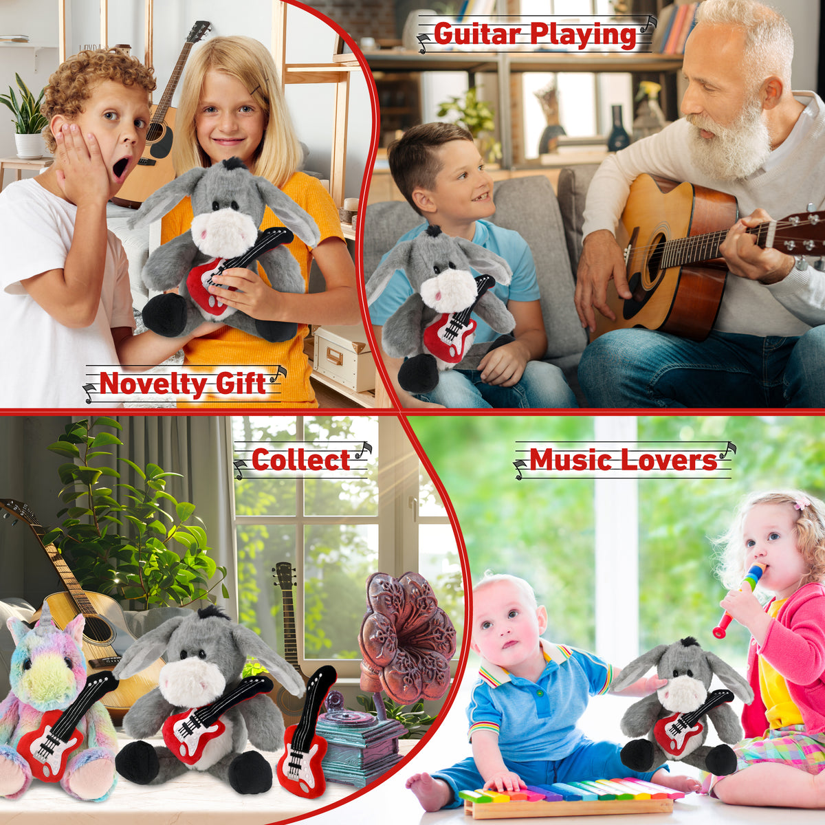 SUPER SOFT PLUSH - SITTING GREY DONKEY WITH GUITAR ADD ON