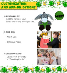 DolliBu Sitting Grey Donkey Stuffed Animal with Green Plush Shamrock - 9 Inches