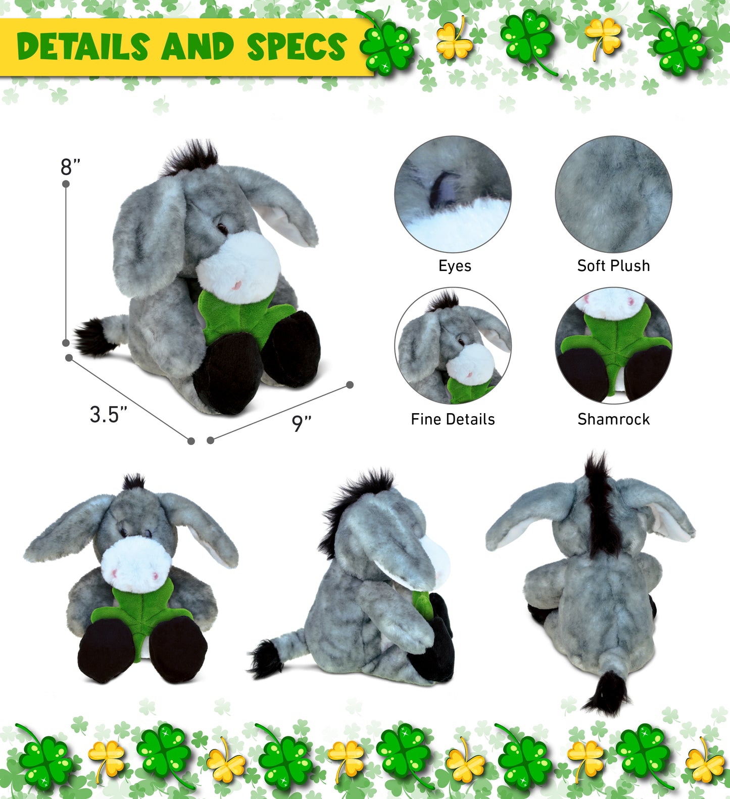 DolliBu Sitting Grey Donkey Stuffed Animal with Green Plush Shamrock - 9 Inches