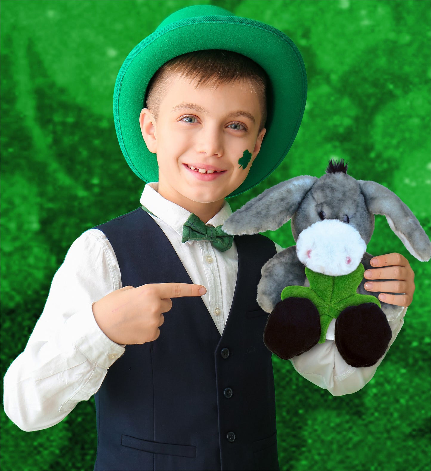 DolliBu Sitting Grey Donkey Stuffed Animal with Green Plush Shamrock - 9 Inches