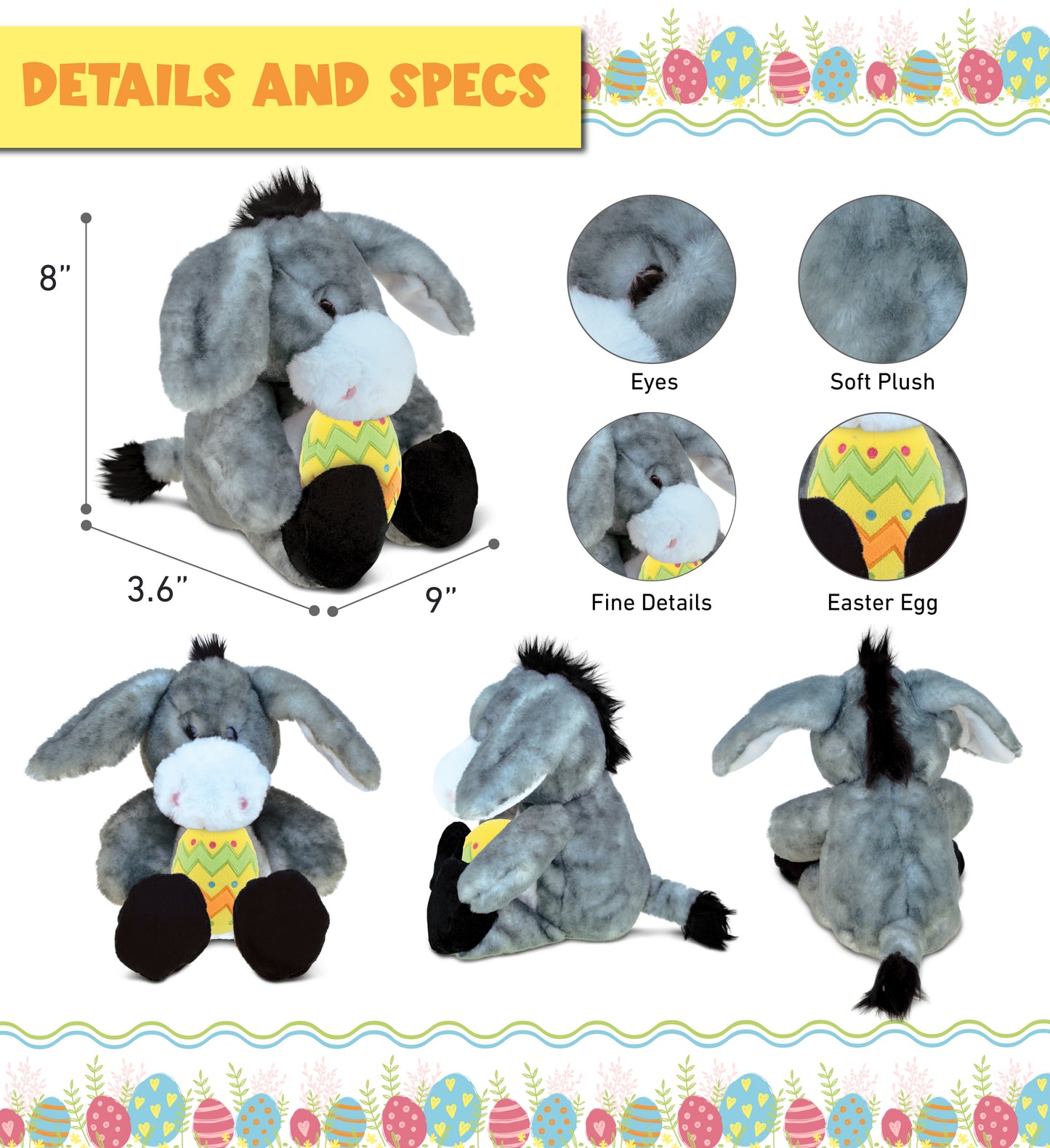 DolliBu Super Soft Sitting Grey Donkey with Yellow Easter Egg Plush - 9 Inches