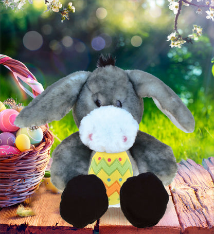 DolliBu Super Soft Sitting Grey Donkey with Yellow Easter Egg Plush - 9 Inches