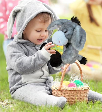 DolliBu Super Soft Sitting Grey Donkey with Yellow Easter Egg Plush - 9 Inches