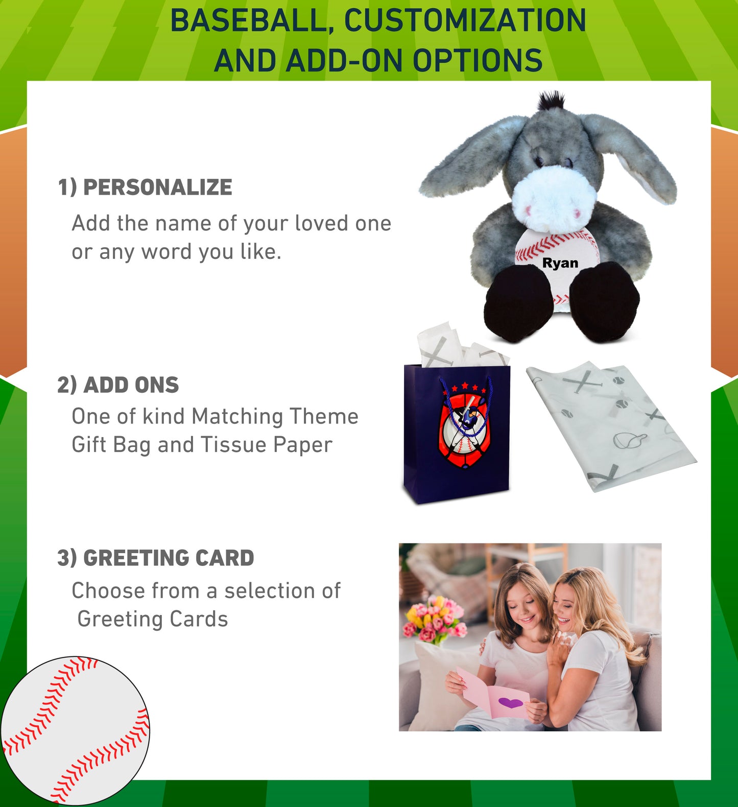 SUPER SOFT PLUSH - SITTING GREY DONKEY WITH BASEBALL PLUSH