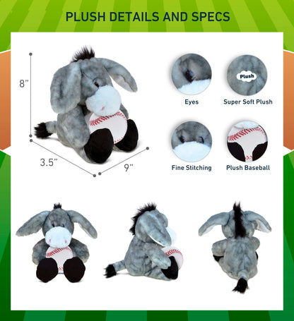 SUPER SOFT PLUSH - SITTING GREY DONKEY WITH BASEBALL PLUSH