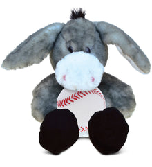 SUPER SOFT PLUSH - SITTING GREY DONKEY WITH BASEBALL PLUSH