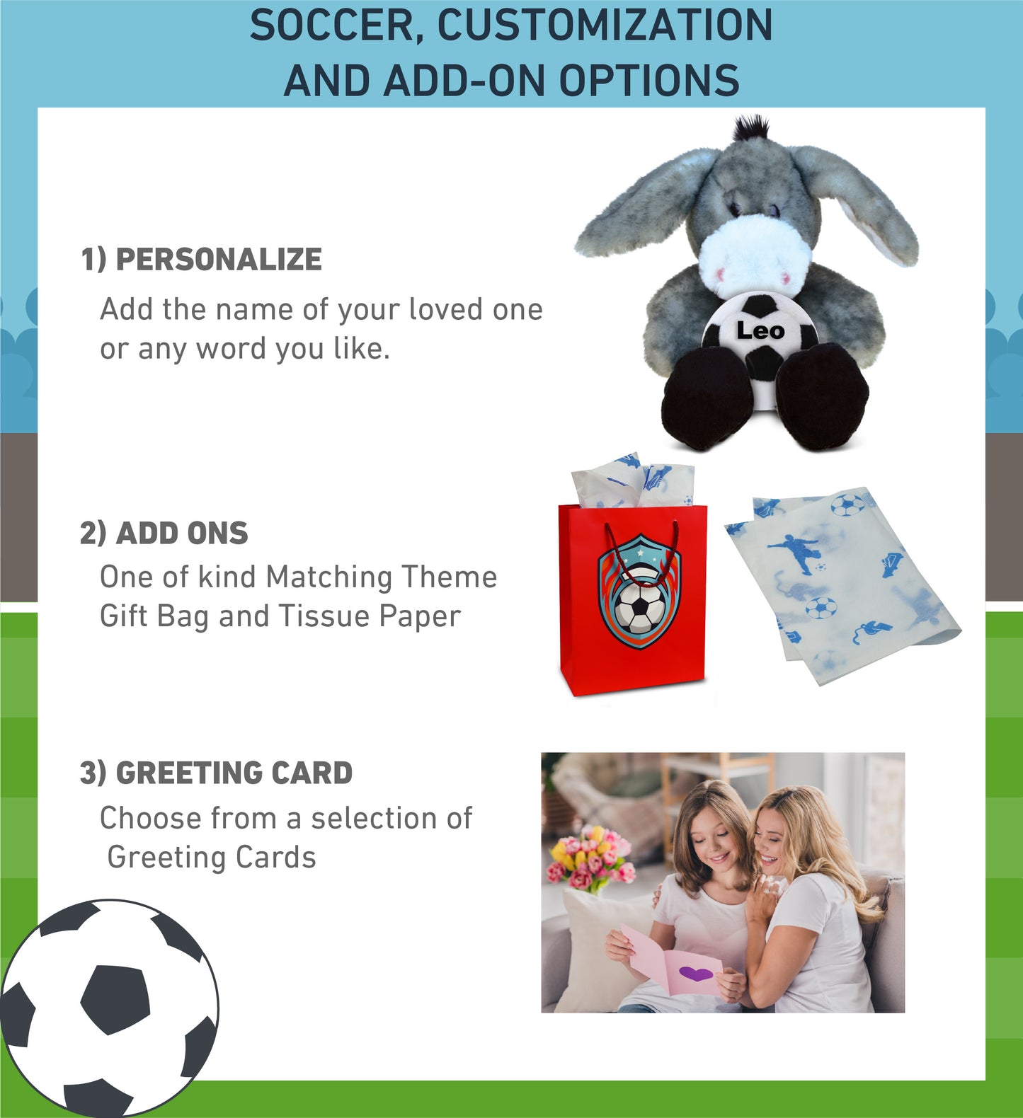 SUPER SOFT PLUSH - SITTING GREY DONKEY WITH SOCCER PLUSH