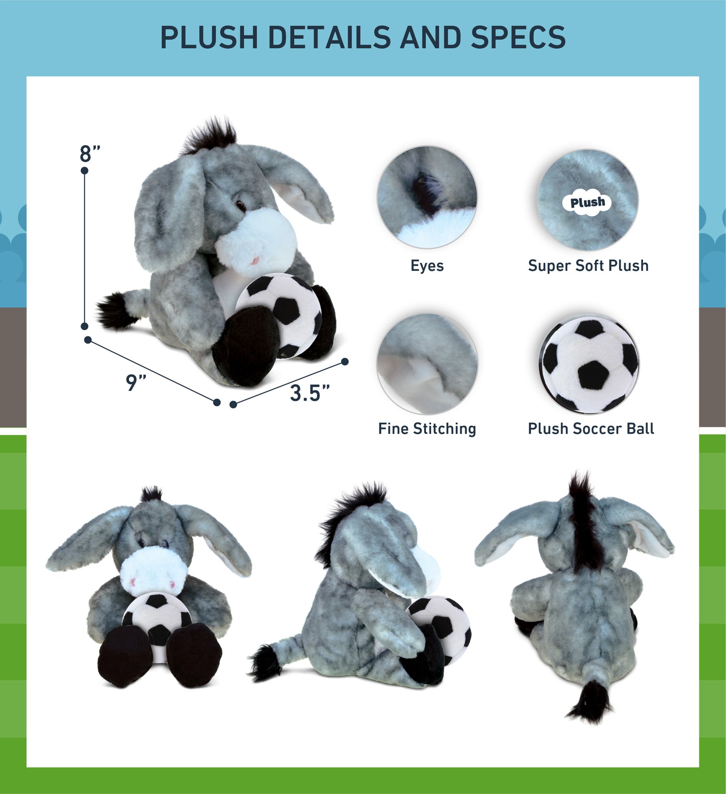 SUPER SOFT PLUSH - SITTING GREY DONKEY WITH SOCCER PLUSH