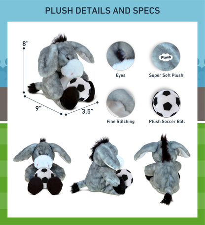 SUPER SOFT PLUSH - SITTING GREY DONKEY WITH SOCCER PLUSH