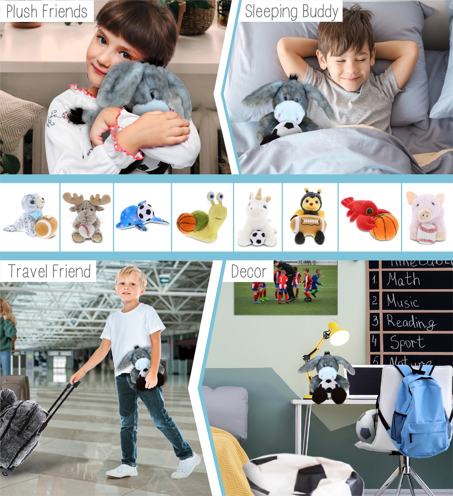 SUPER SOFT PLUSH - SITTING GREY DONKEY WITH SOCCER PLUSH