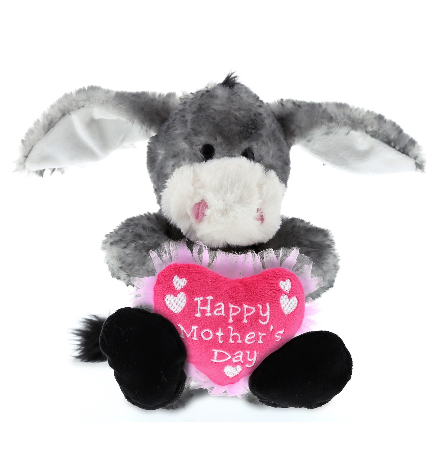 PLUSH MOTHERS DAY HEART - SUPER SOFT PLUSH - SITTING GREY DONKEY