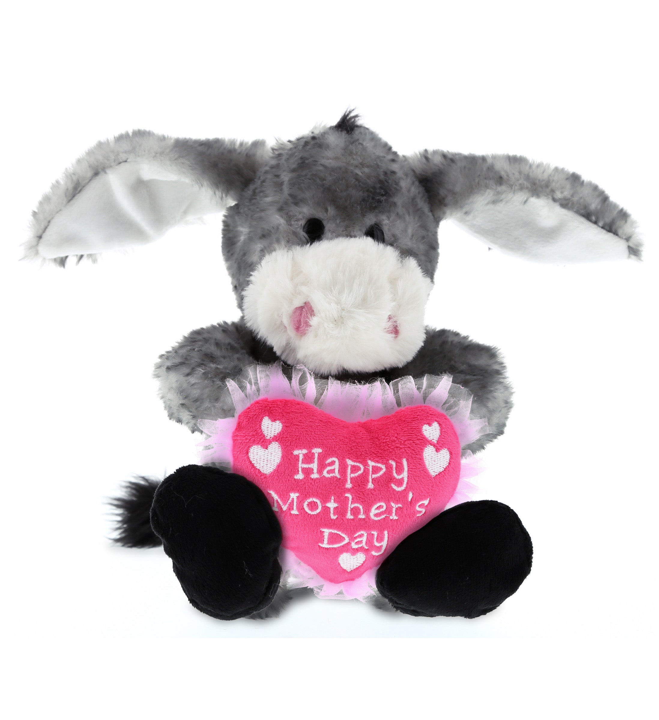 PLUSH MOTHERS DAY HEART - SUPER SOFT PLUSH - SITTING GREY DONKEY
