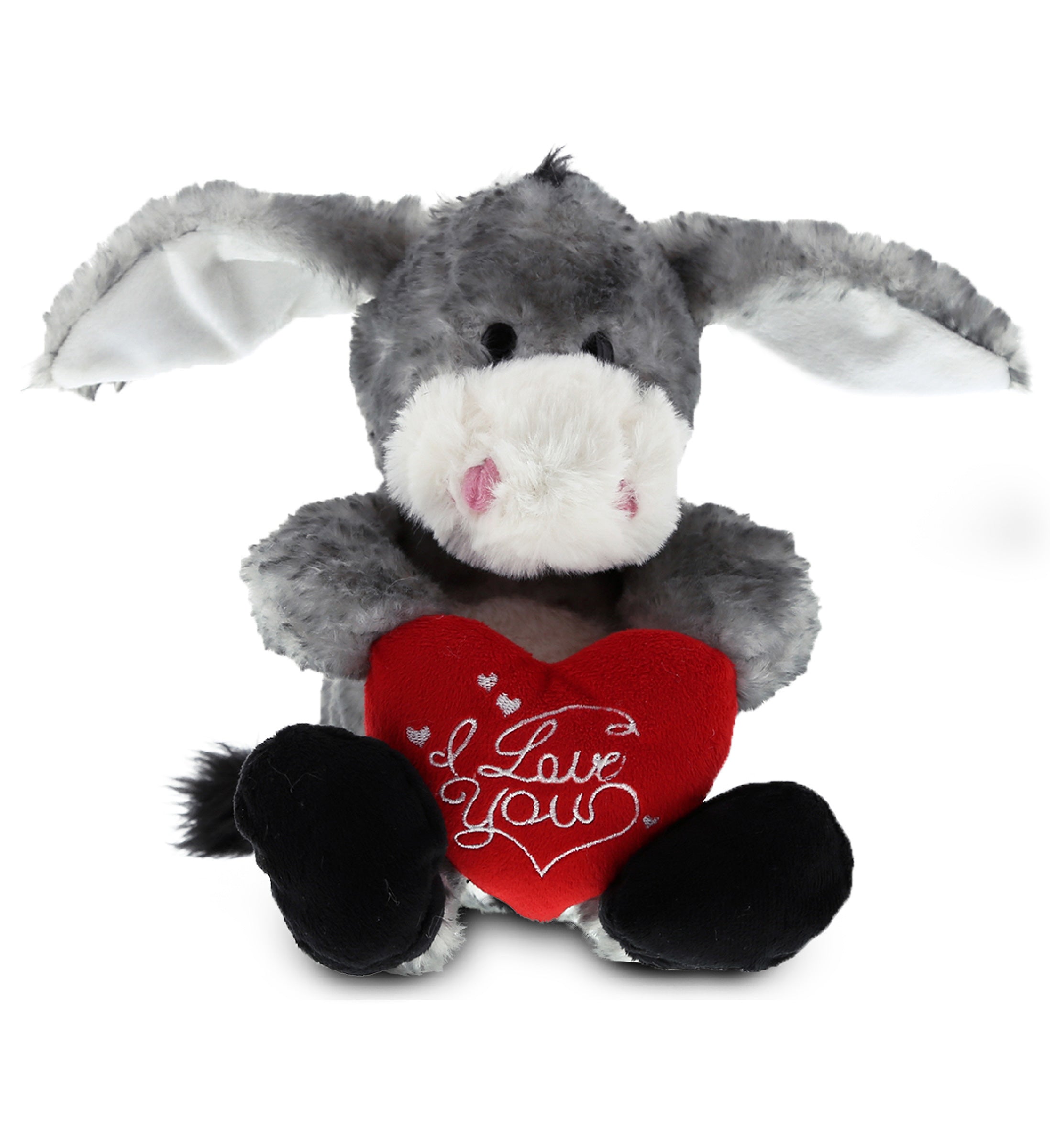 PLUSH I LOVE YOU RED HEART - SUPER SOFT PLUSH - SITTING GREY DONKEY