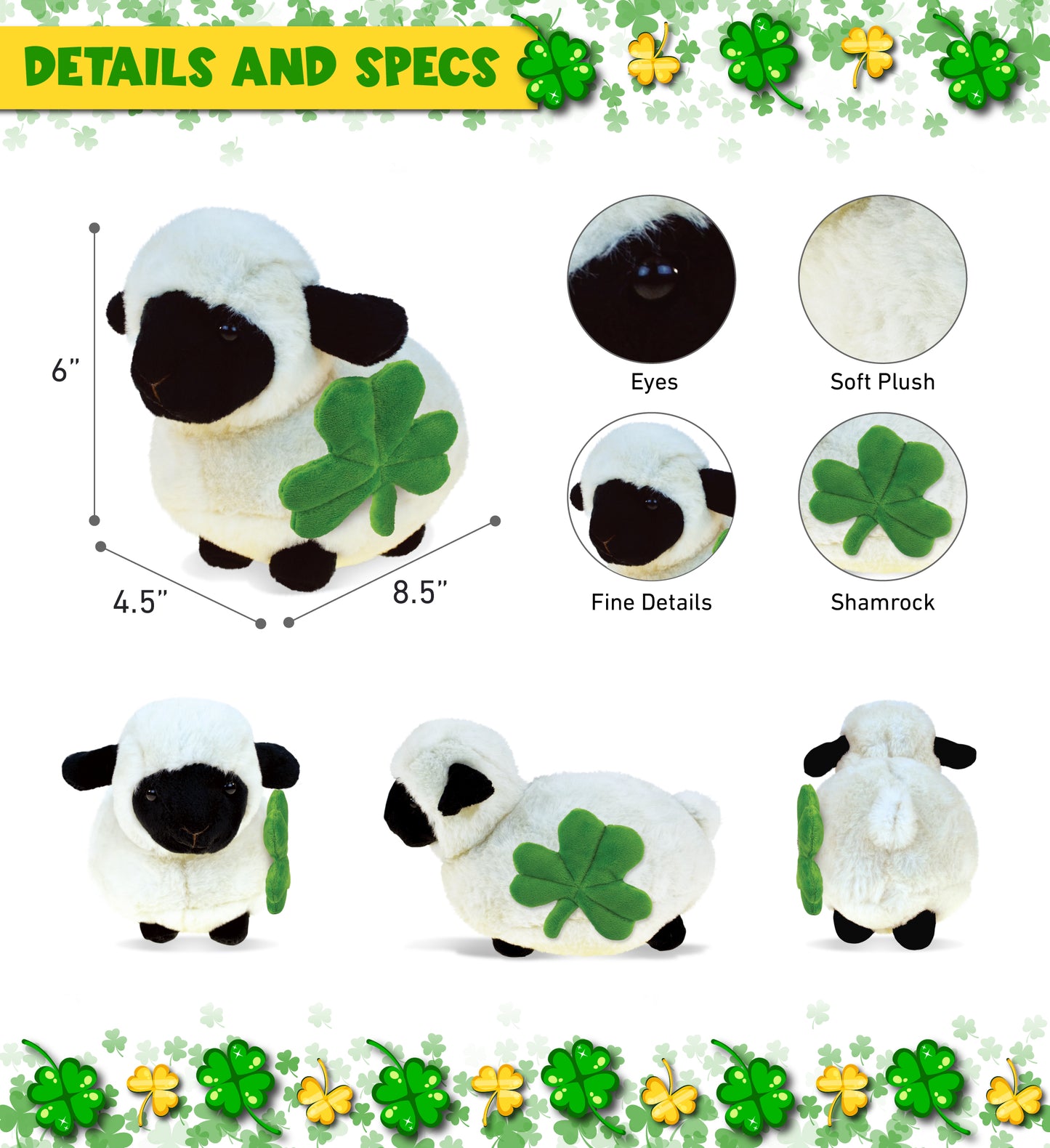 DolliBu Valais Blacknose Sheep Stuffed Toy with Green Plush Shamrock - 8.5 Inch