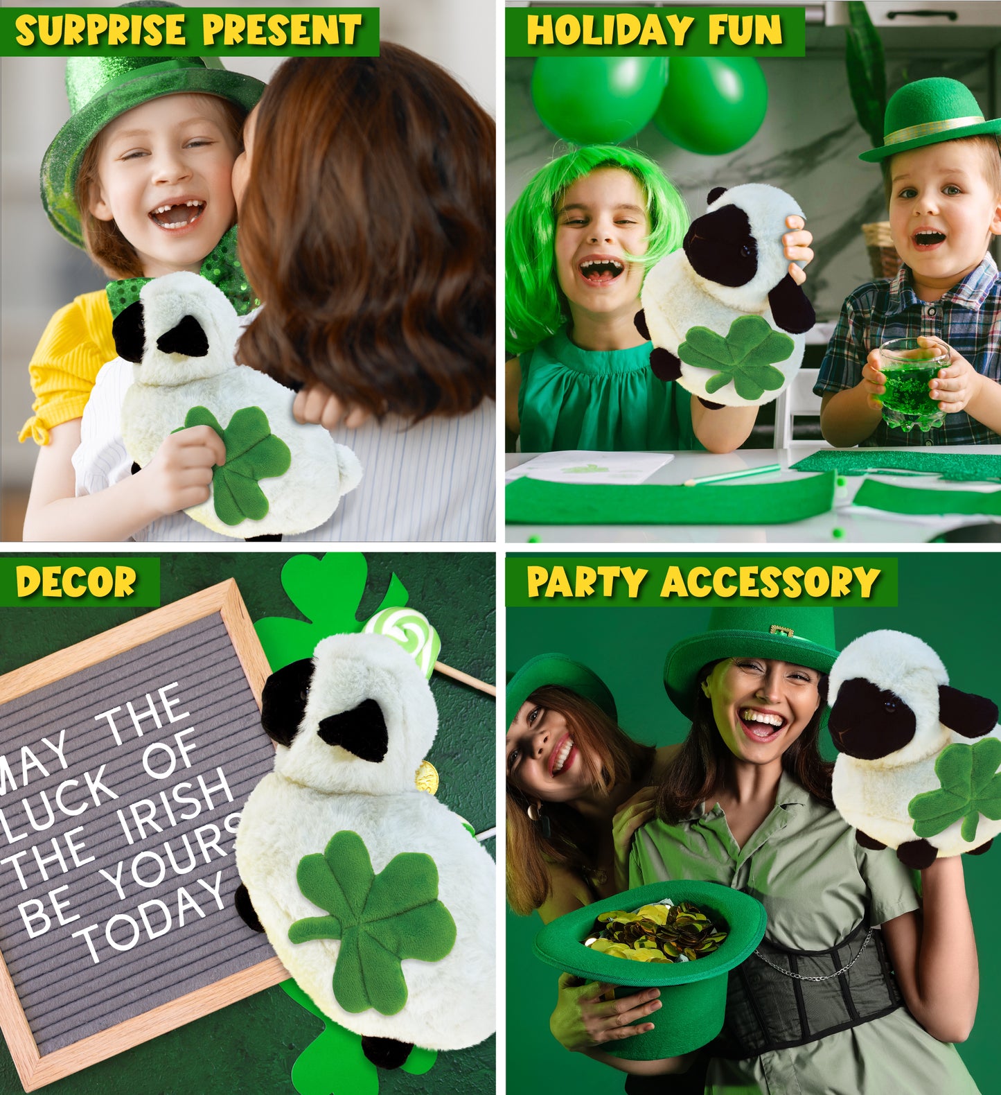 DolliBu Valais Blacknose Sheep Stuffed Toy with Green Plush Shamrock - 8.5 Inch
