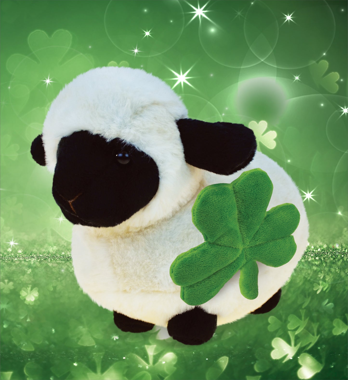 DolliBu Valais Blacknose Sheep Stuffed Toy with Green Plush Shamrock - 8.5 Inch