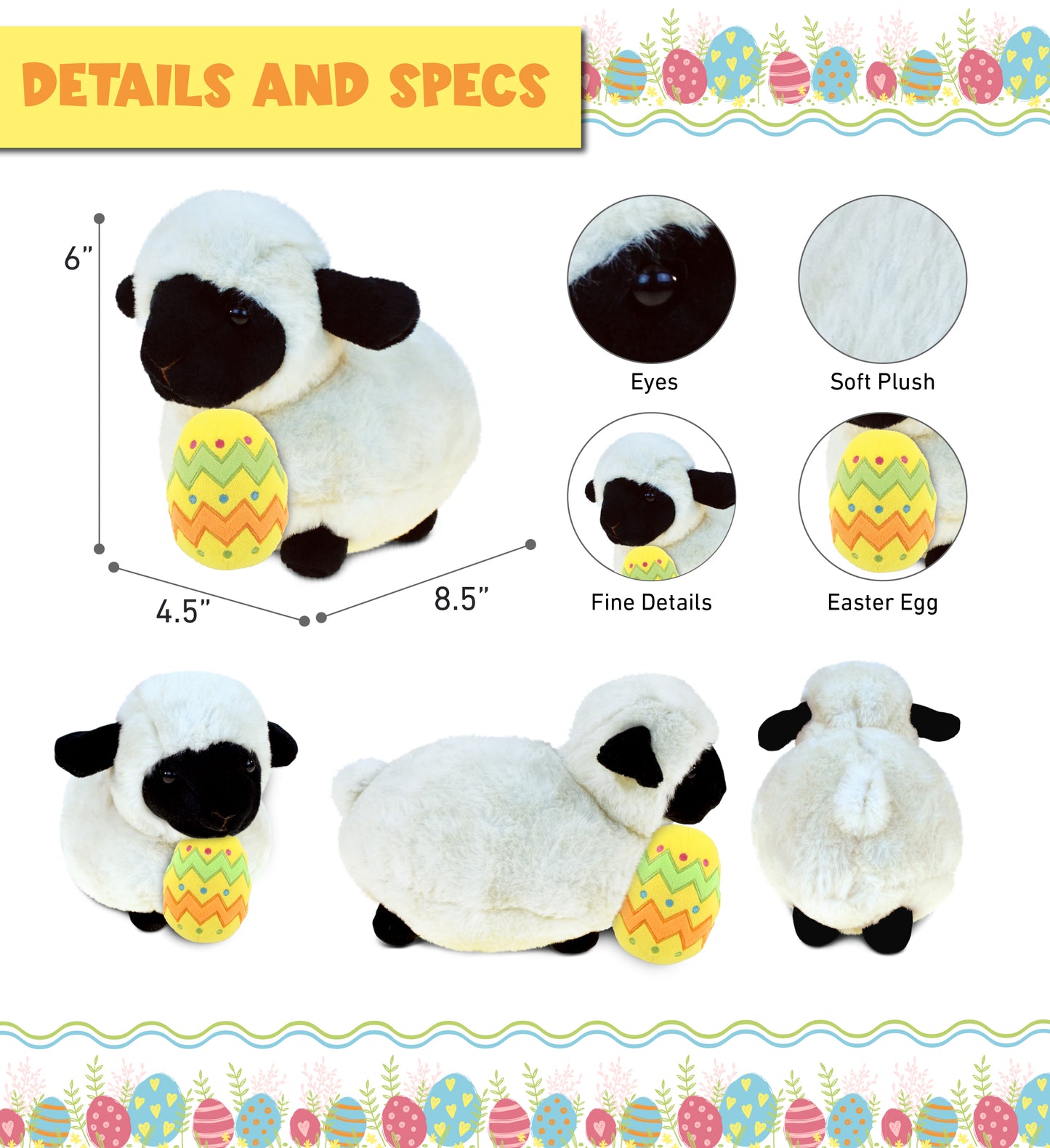 DolliBu Cute Valais Blacknose Sheep with Yellow Easter Egg Plush - 8.5 Inches