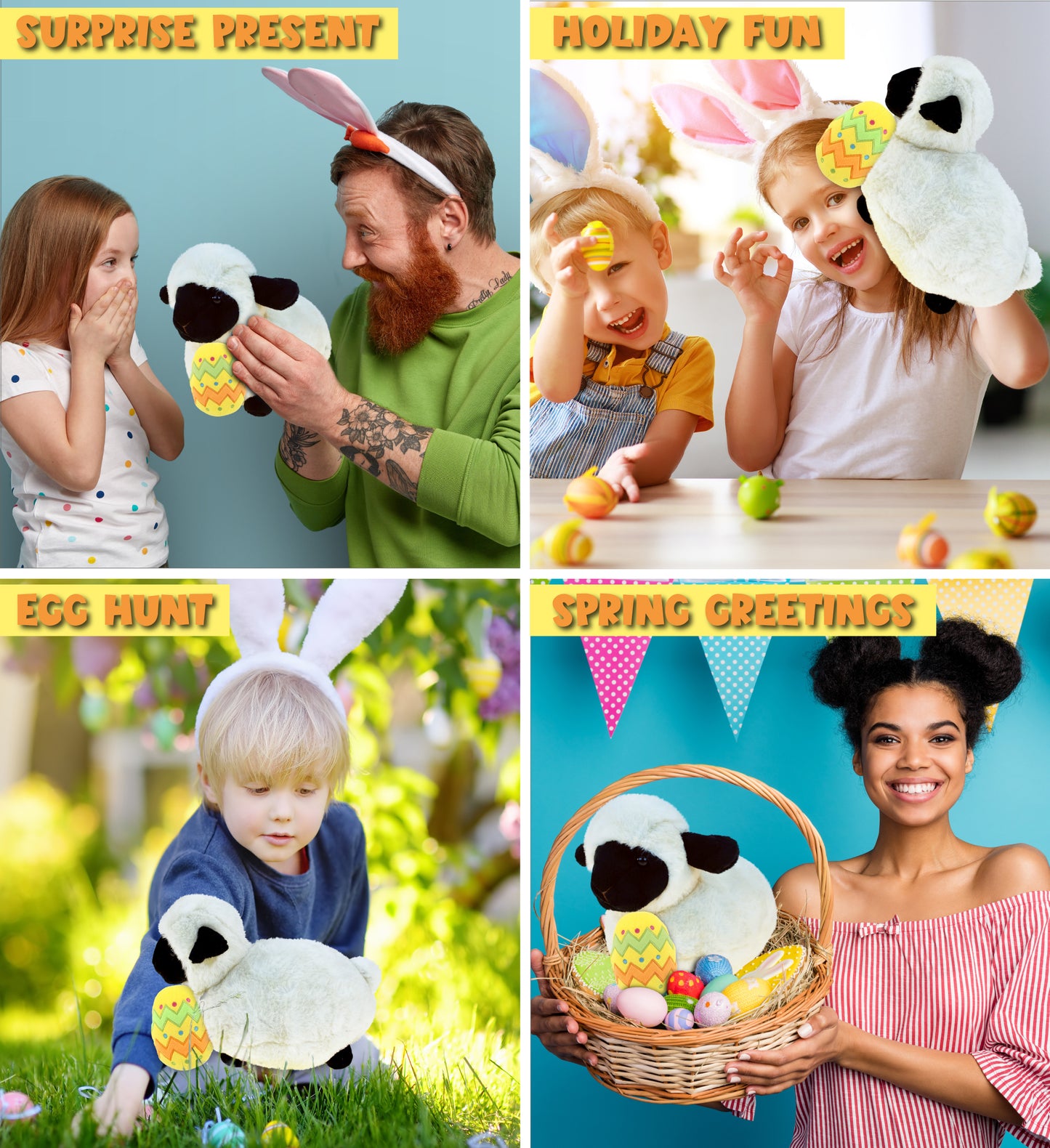 DolliBu Cute Valais Blacknose Sheep with Yellow Easter Egg Plush - 8.5 Inches