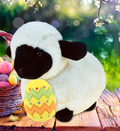 DolliBu Cute Valais Blacknose Sheep with Yellow Easter Egg Plush - 8.5 Inches