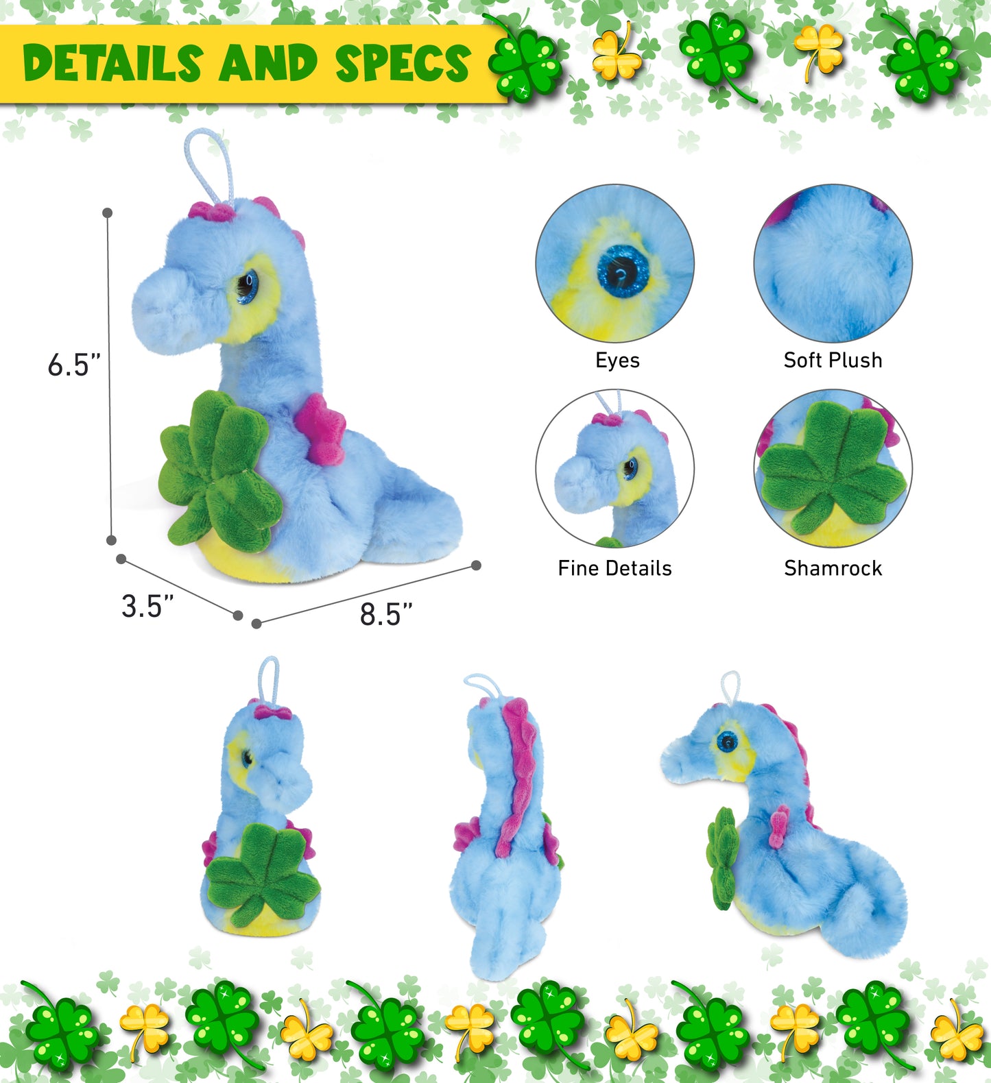 DolliBu Blue Seahorse Stuffed Animal with Green Plush Shamrock - 8.5 Inches