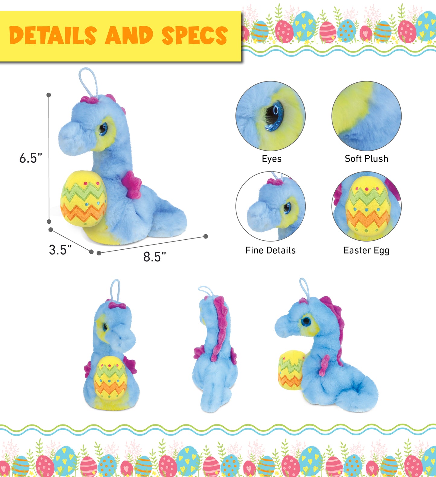 DolliBu Super Soft Blue Seahorse with Yellow Easter Egg Plush - 8.5 Inches
