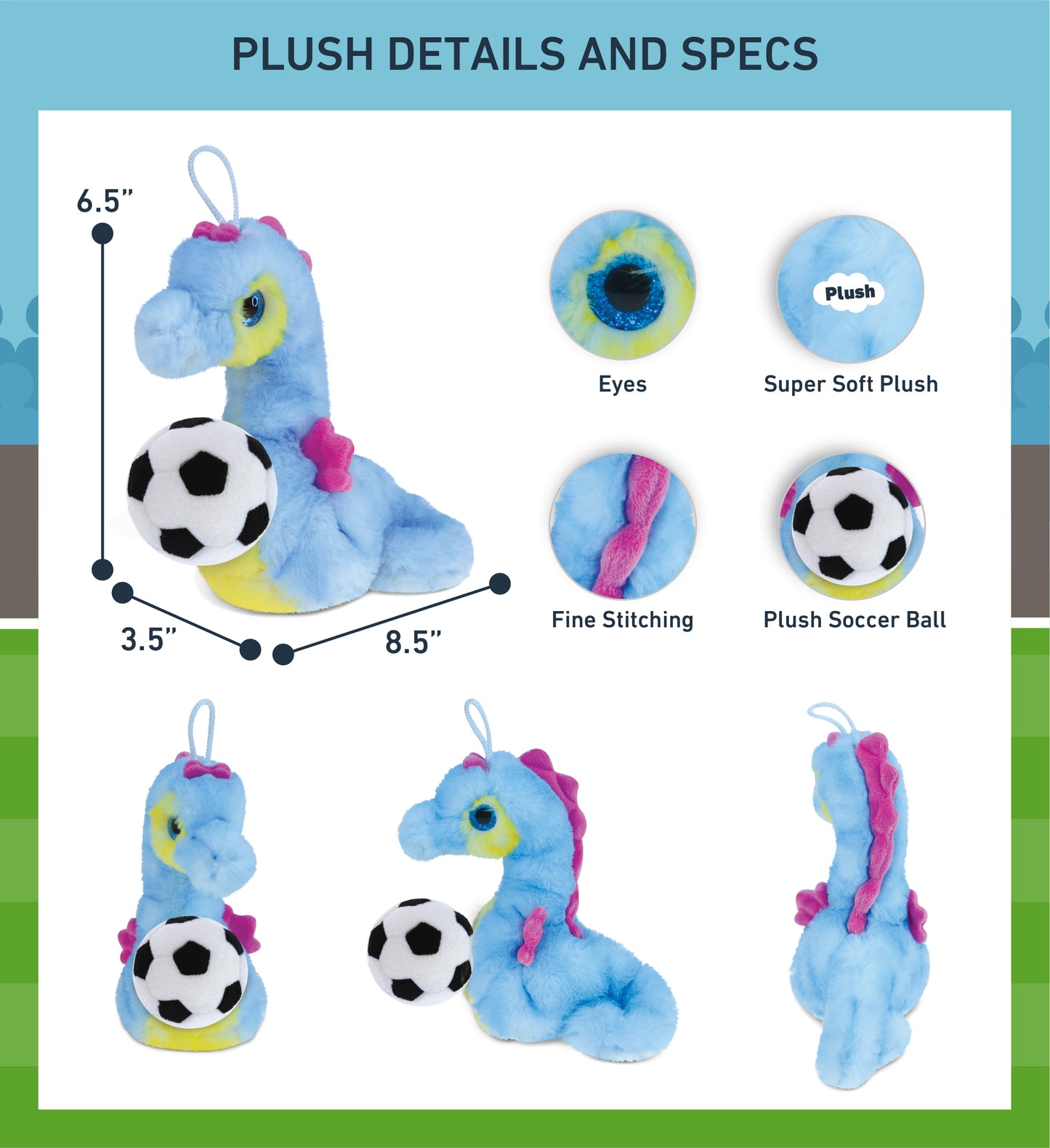 SUPER SOFT PLUSH - BLUE SEAHORSE WITH SOCCER PLUSH