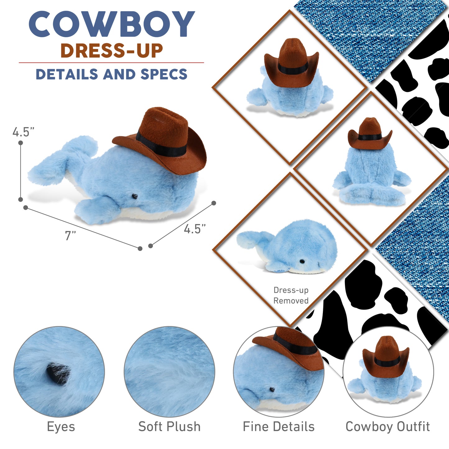 SUPER SOFT PLUSH - BLUE WHALE With COWBOY Dress Up