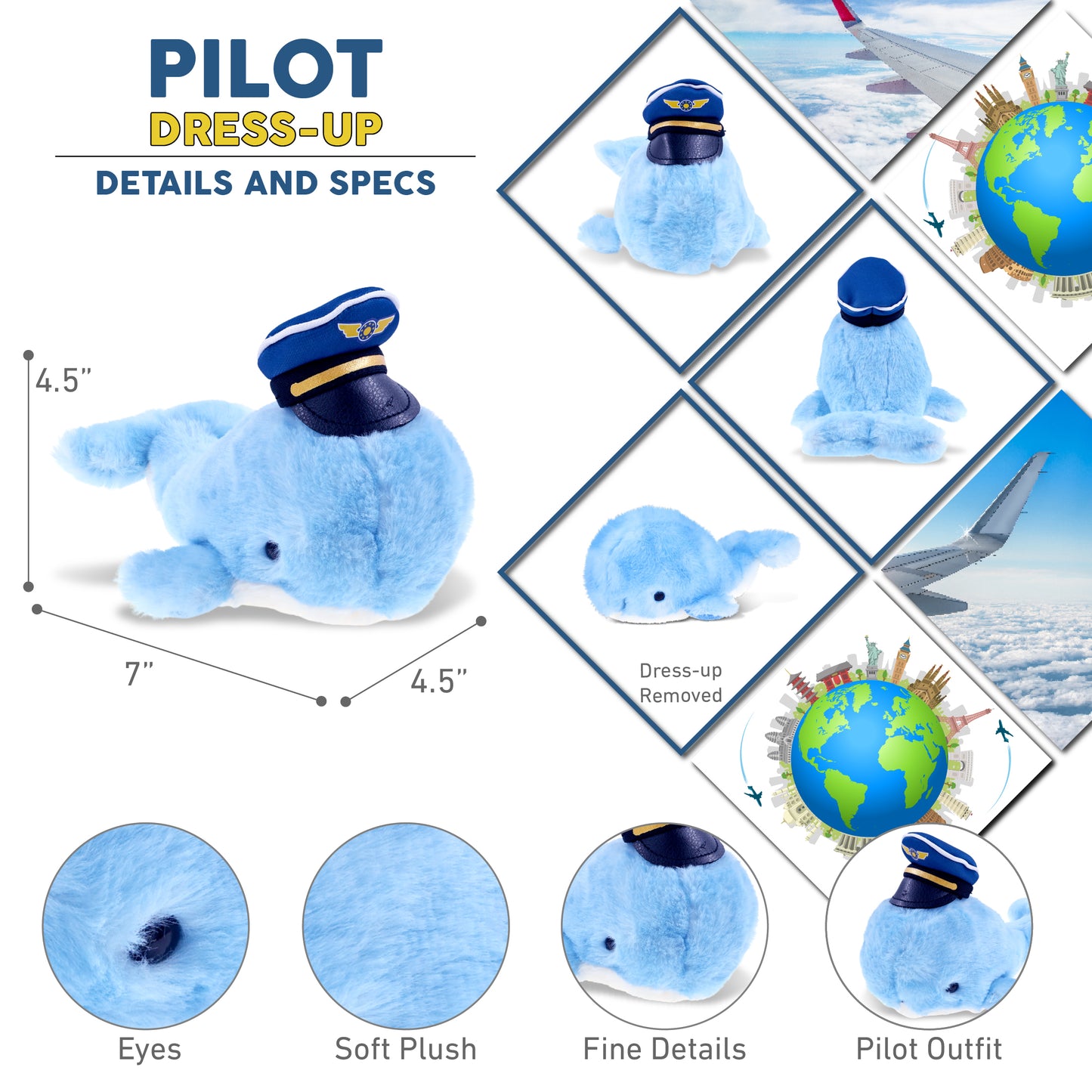 SUPER SOFT PLUSH - BLUE WHALE PILOT DRESS UP