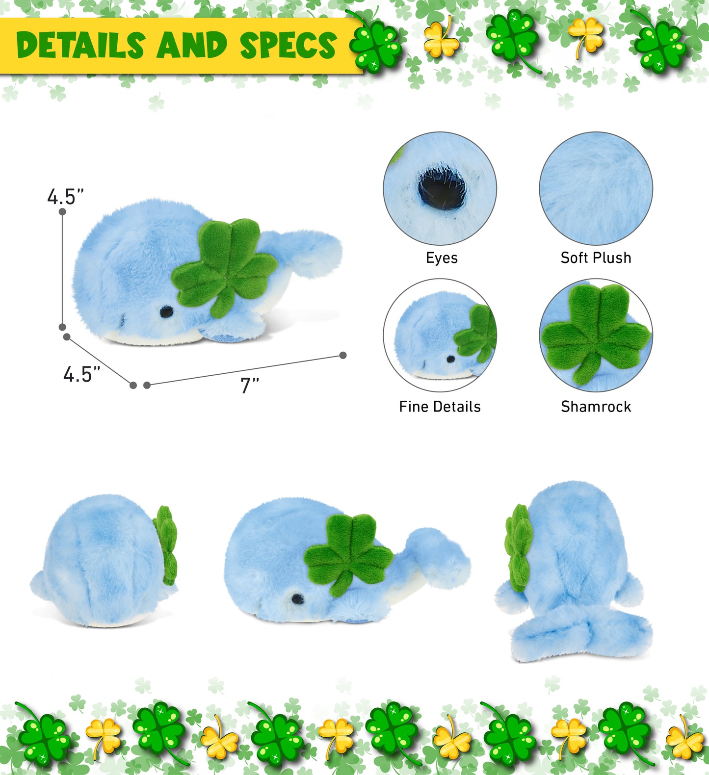 DolliBu Super Soft Blue Whale Stuffed Animal with Green Plush Shamrock - 7 Inch