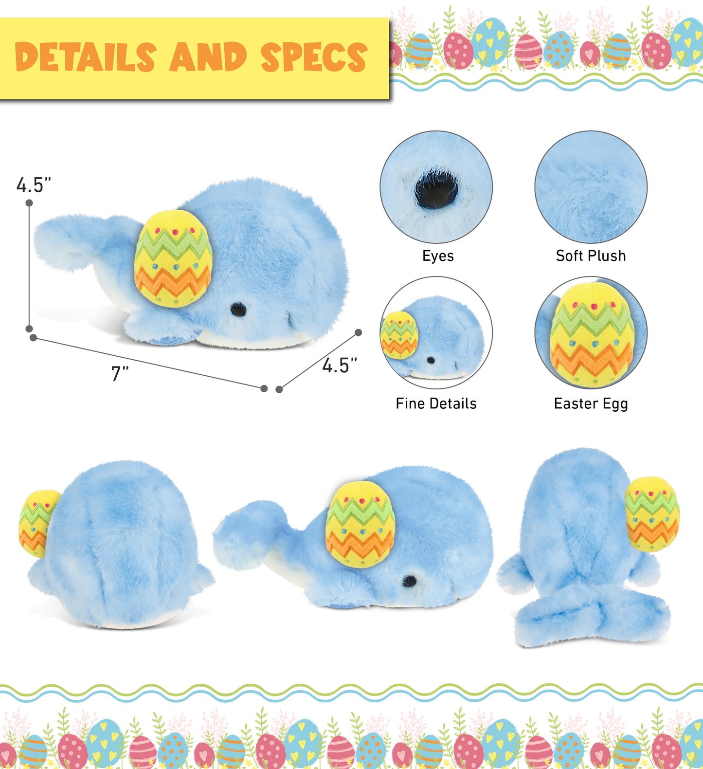 DolliBu Super Soft Cute Blue Whale with Yellow Easter Egg Plush - 7 Inches