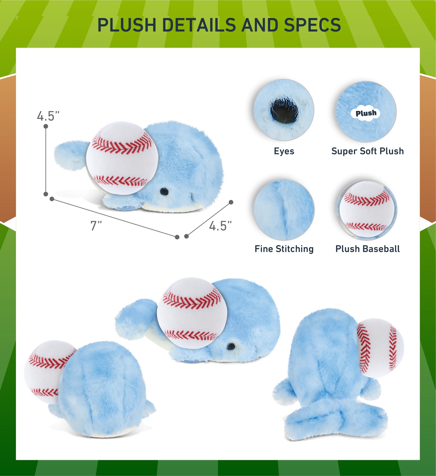 SUPER SOFT PLUSH - BLUE WHALE WITH BASEBALL PLUSH