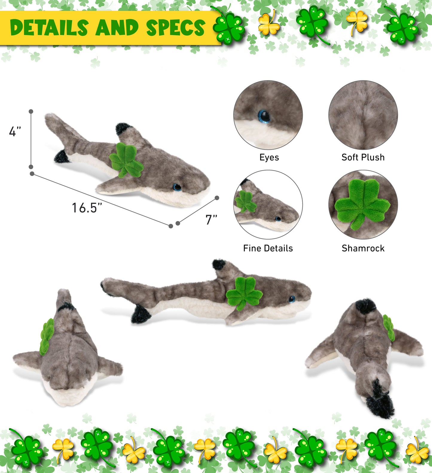 DolliBu Blacktip Reef Shark Stuffed Animal with Green Plush Shamrock, 16.5 Inch
