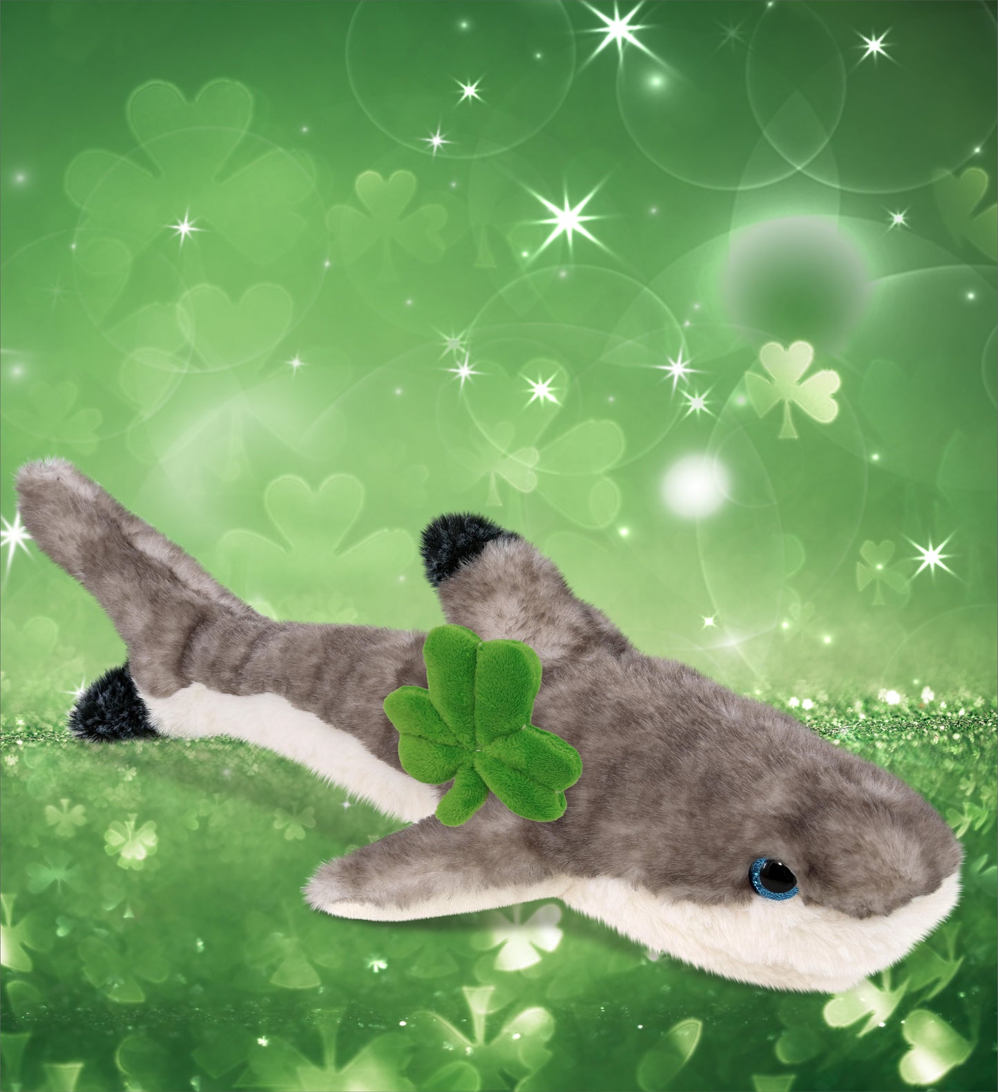 DolliBu Blacktip Reef Shark Stuffed Animal with Green Plush Shamrock, 16.5 Inch