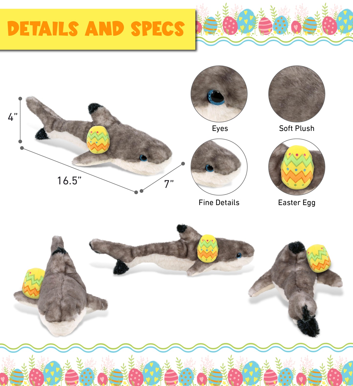 DolliBu Super Soft Blacktip Reef Shark with Yellow Easter Egg Plush - 16 Inches