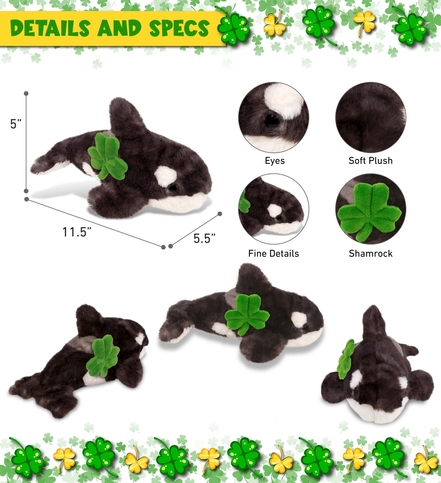 DolliBu Wild Killer Whale Stuffed Animal with Green Plush Shamrock - 11.5 Inch