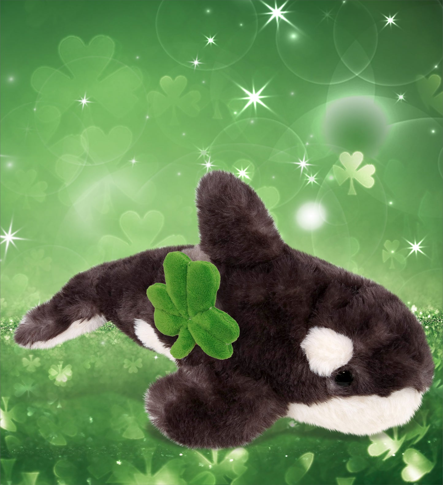 DolliBu Wild Killer Whale Stuffed Animal with Green Plush Shamrock - 11.5 Inch