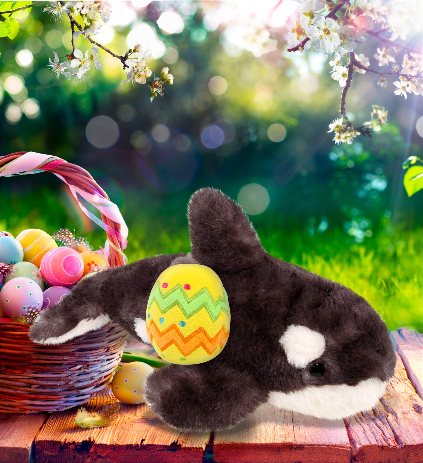 DolliBu Super Soft Killer Whale with Yellow Easter Egg Plush - 11.5 Inches