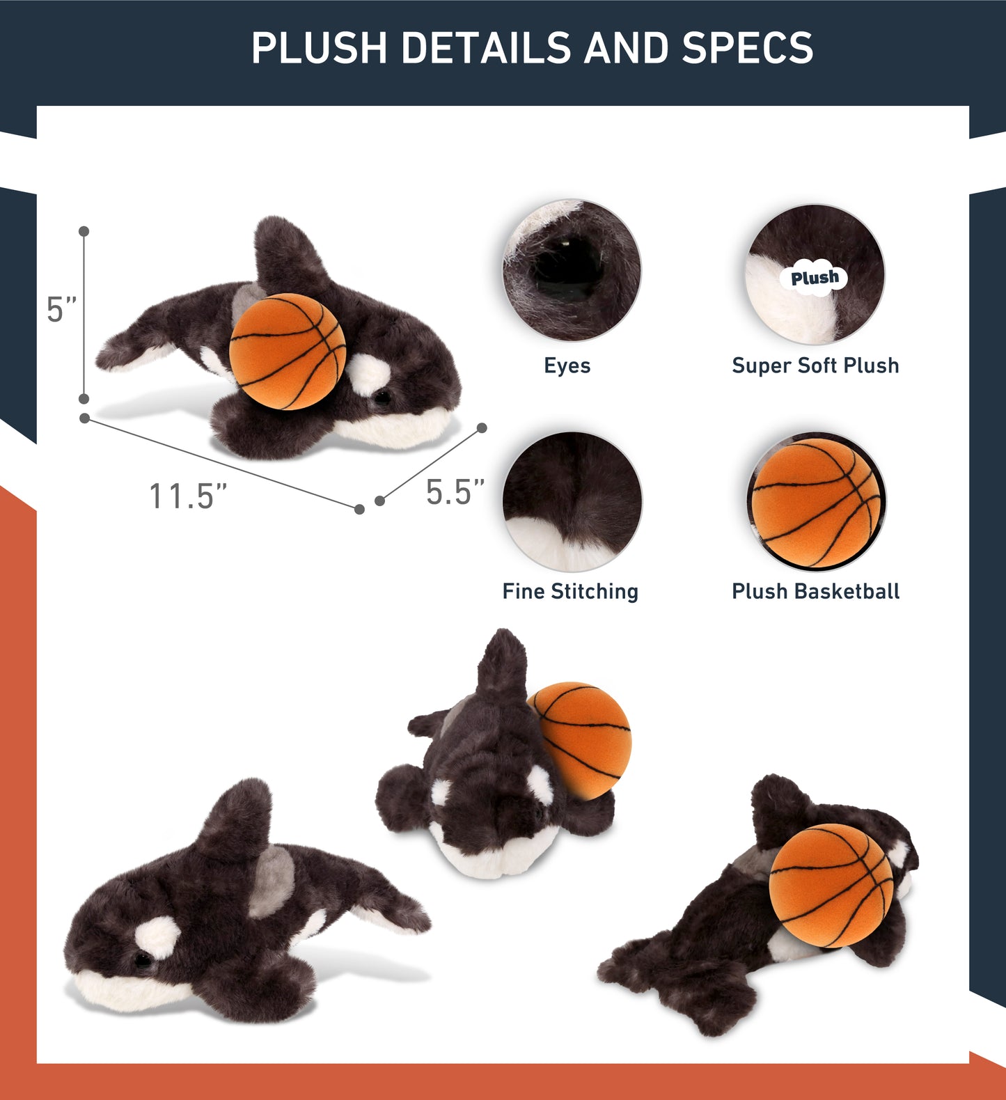 SUPER SOFT PLUSH - WILD KILLER WHALE SMALL WITH BASKETBALL PLUSH
