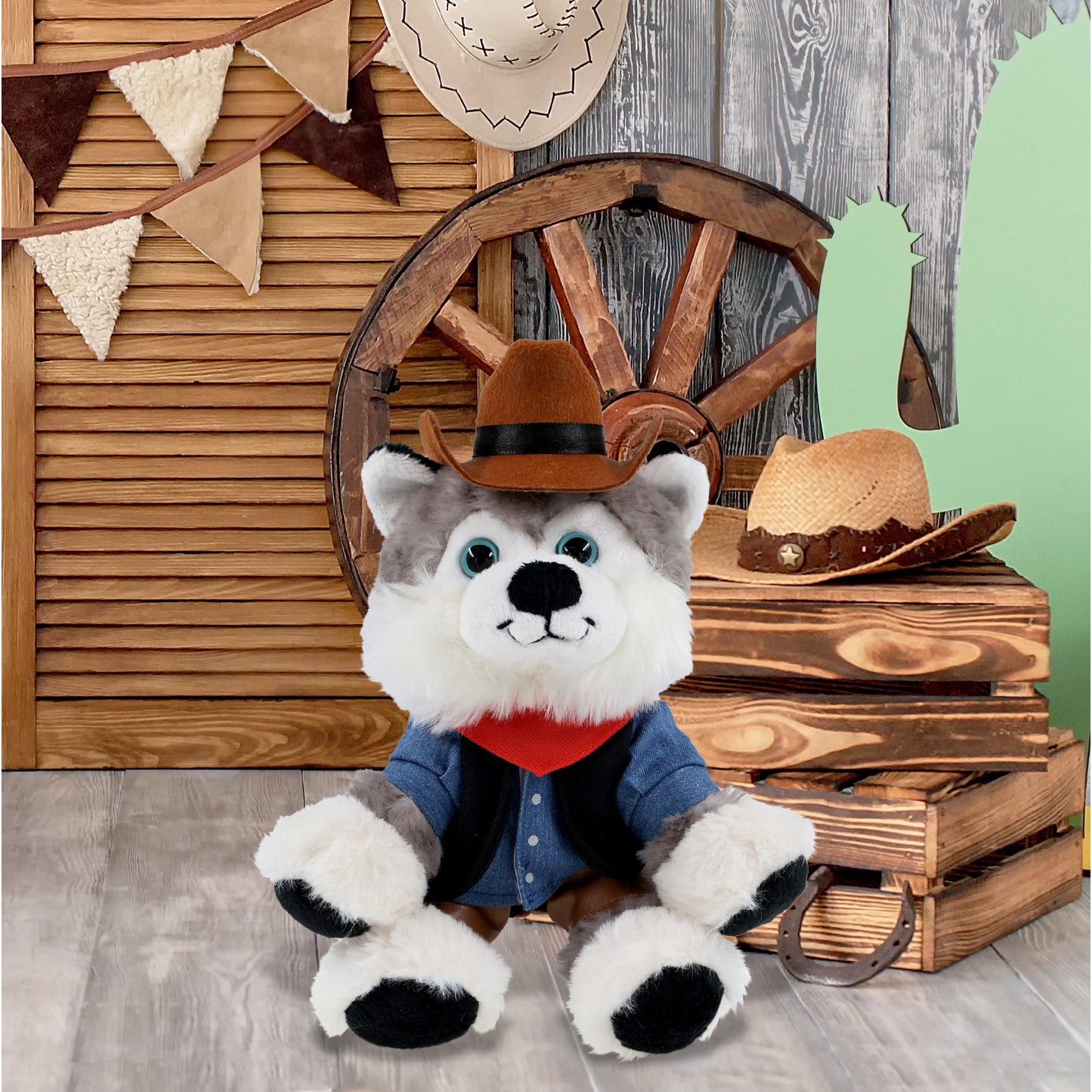SUPER SOFT PLUSH - FLOPPY HUSKY With COWBOY Dress Up