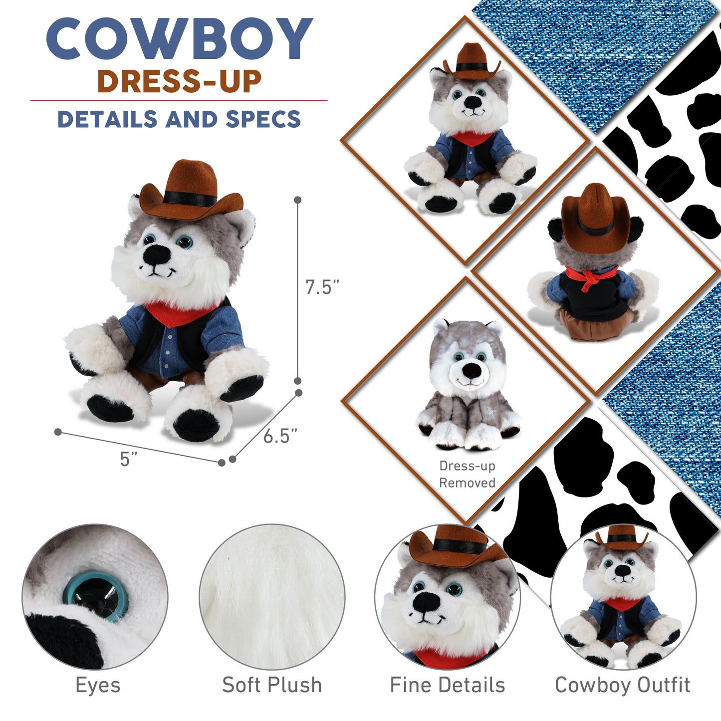 SUPER SOFT PLUSH - FLOPPY HUSKY With COWBOY Dress Up