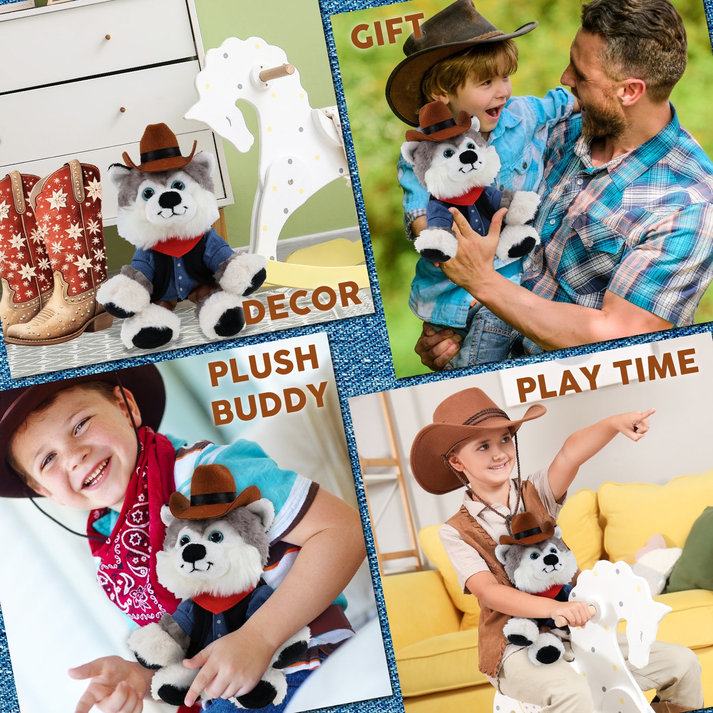 SUPER SOFT PLUSH - FLOPPY HUSKY With COWBOY Dress Up