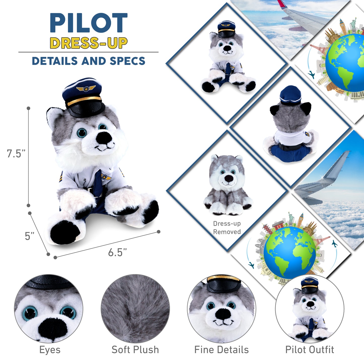 SUPER SOFT PLUSH - FLOPPY HUSKY PILOT DRESS UP
