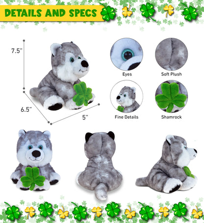 DolliBu Floppy Husky Stuffed Animal with Green Plush Shamrock - 7.5 Inches