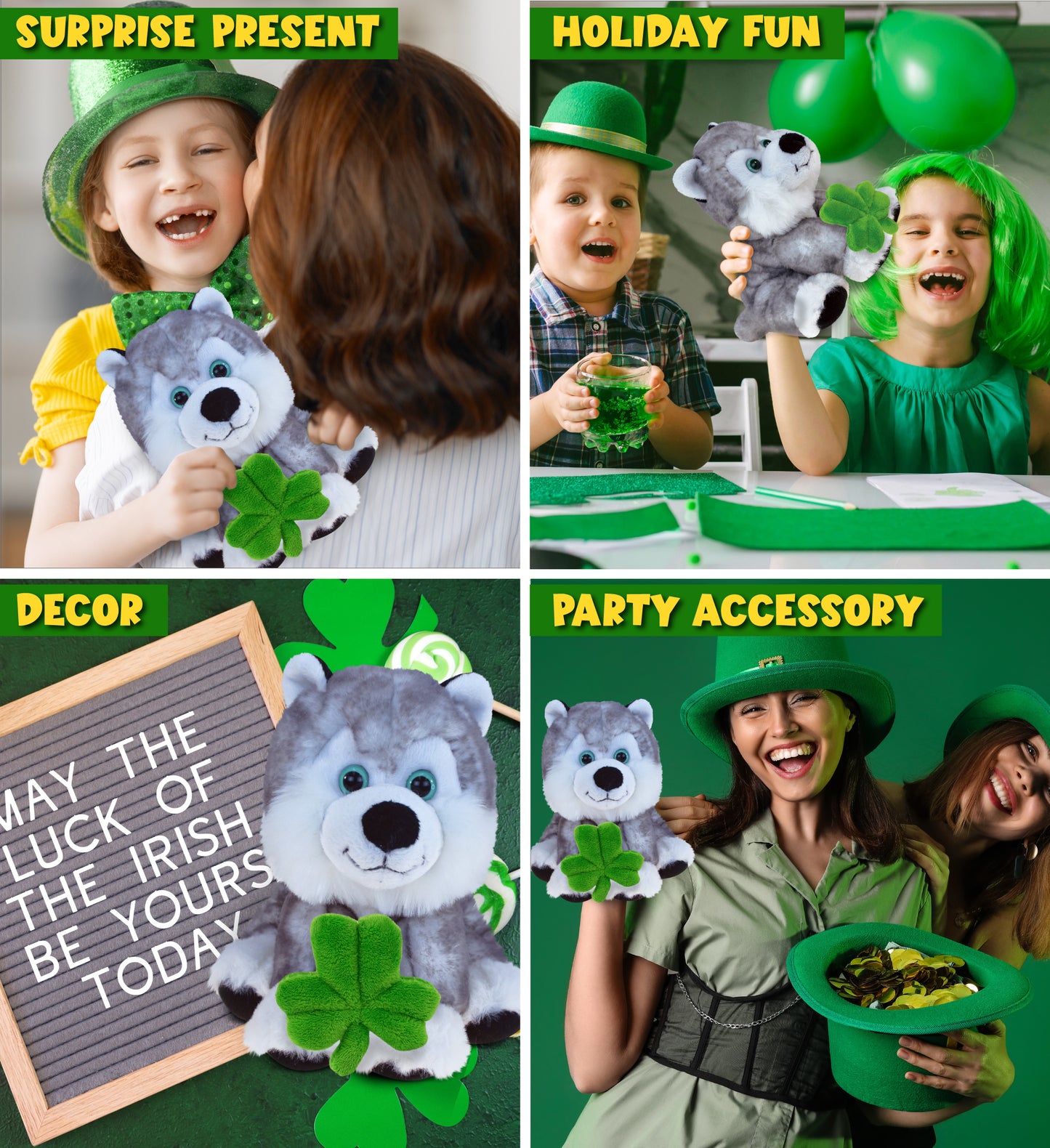 DolliBu Floppy Husky Stuffed Animal with Green Plush Shamrock - 7.5 Inches